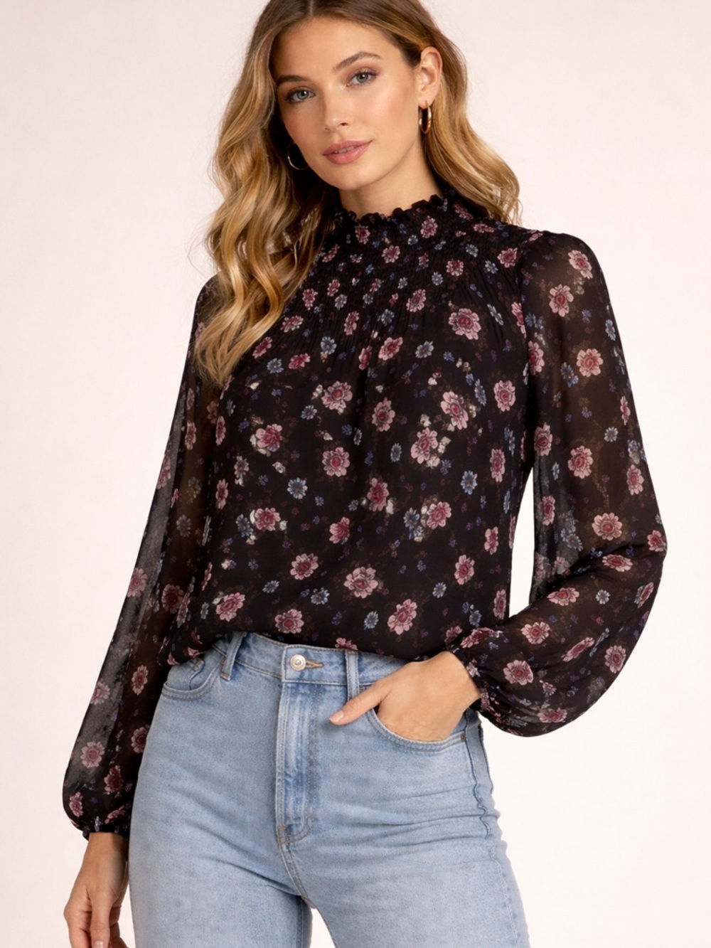 INTERMIX Black Floral silk Blouse size S